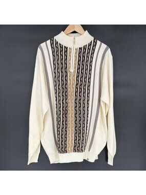 Stacy Adams Mens Quarter Zip Sweater XL Ivory Brown Geometric Knit Retro Golf